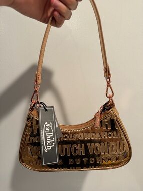 Von Dutch Metallic Gold Brown Logo-Print Shoulder Bag